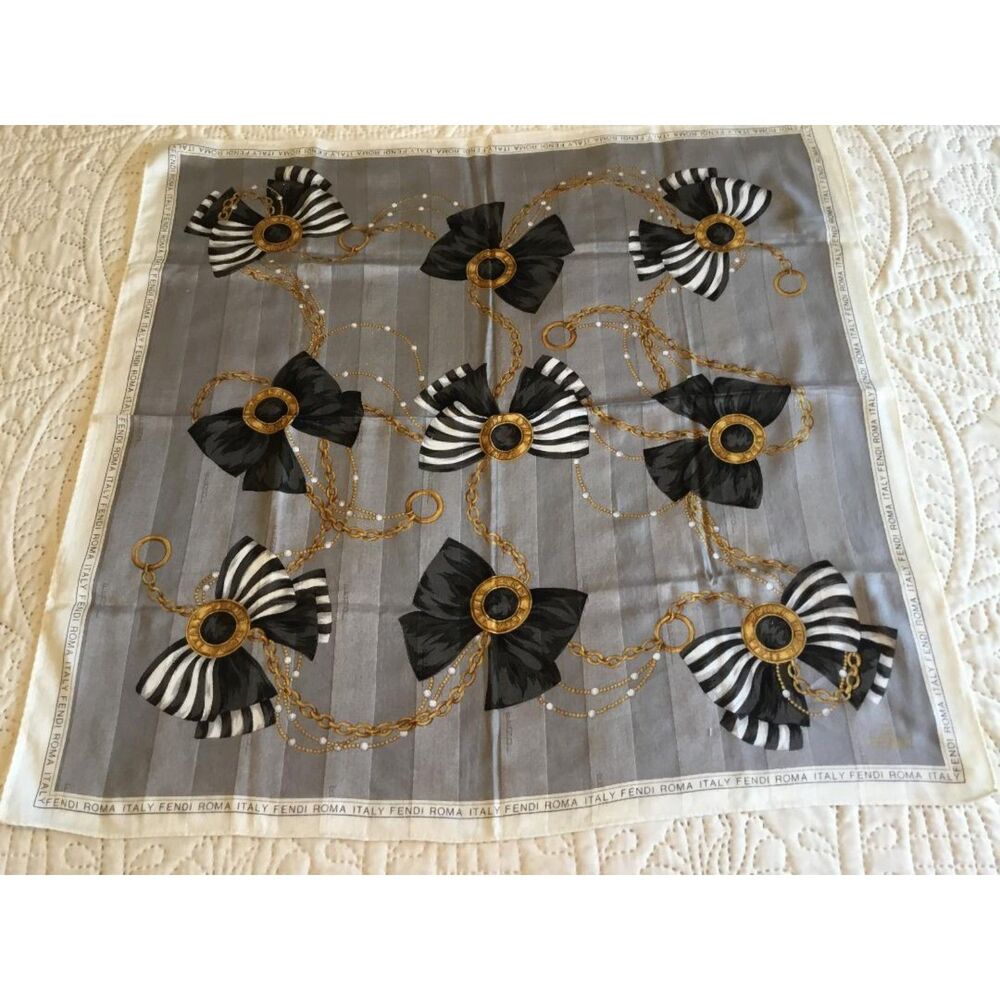 Fendi Silk Scarf Bow Chain Pearl FF Logo Hidden Wordmark 22" Gray, Black, Gold